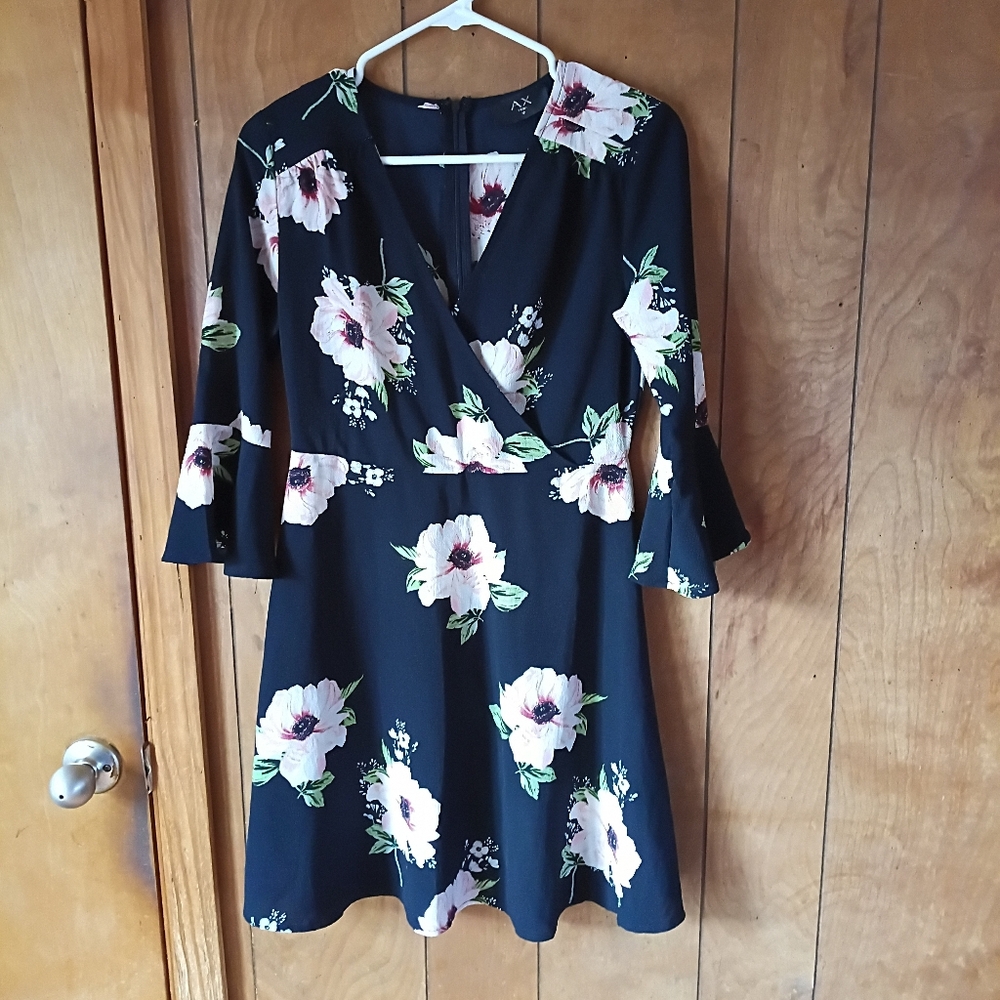 Black Floral Faux-Wrap Long Sleeve Dress with Bell Sleeves